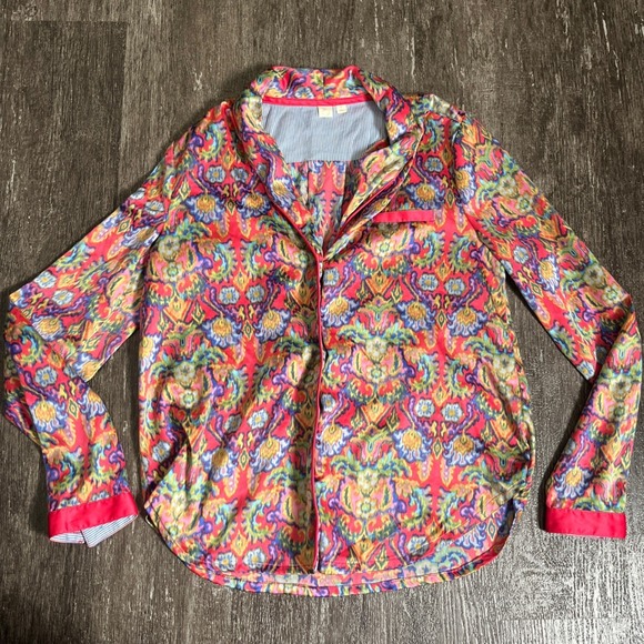 E by Eloise Colorful Floral Button Down Pajama Top Womens XS Red Blue Yellow - Picture 1 of 6